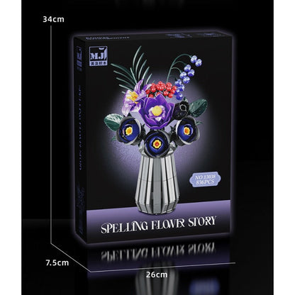 Purple Night Gilded Bouquet – MJI 13038 botanical building set – retail box front with dimension lines 34 x 26 x 7.5 cm, black background