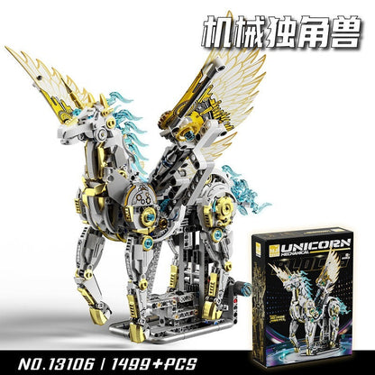 Mechanical Unicorn – MJI 13106 motorised building set – assembled unicorn with its retail box