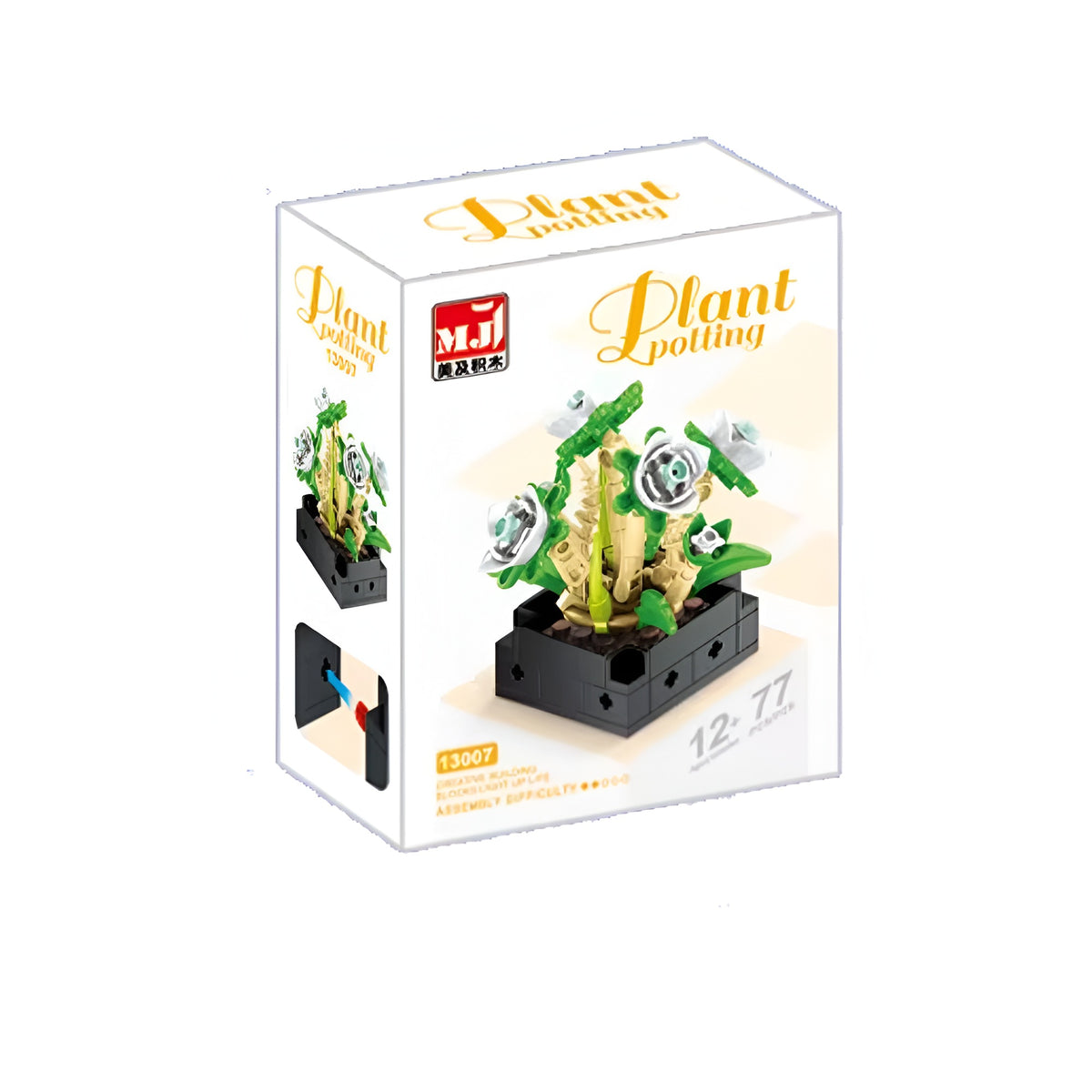 Succulents Assortment A – MJI 13007 botanical building set – retail box of one style with the assembled succulent beside it