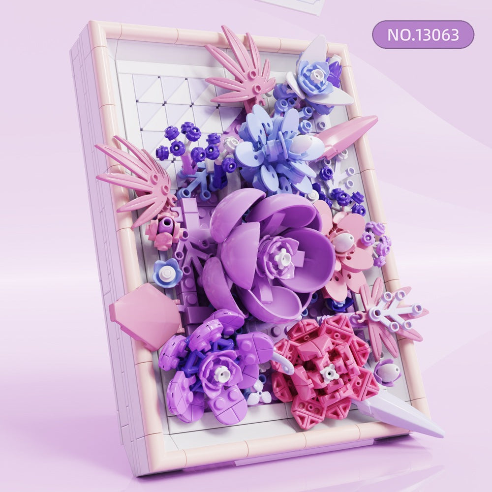 Golden Purple Flower Picture Frame – MJI 13063 botanical building set – assembled purple flower picture frame (Golden Purple), angled, lilac backdrop