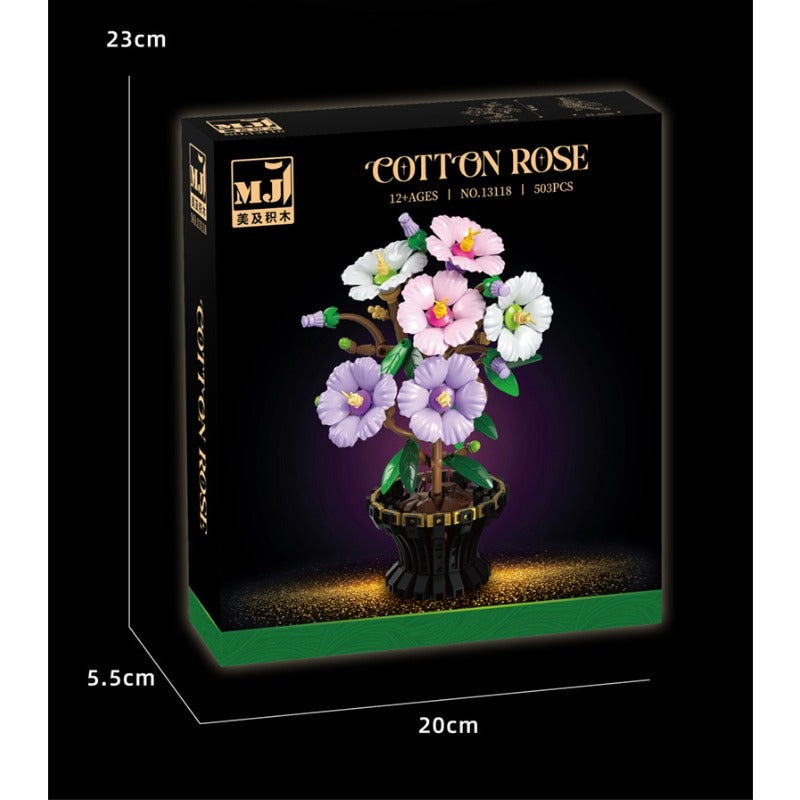 Cotton Rose – MJI 13118 botanical building set – front of the retail box with box dimensions (20 x 5.5 x 23 cm)