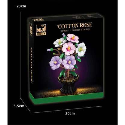 Cotton Rose – MJI 13118 botanical building set – front of the retail box with box dimensions (20 x 5.5 x 23 cm)