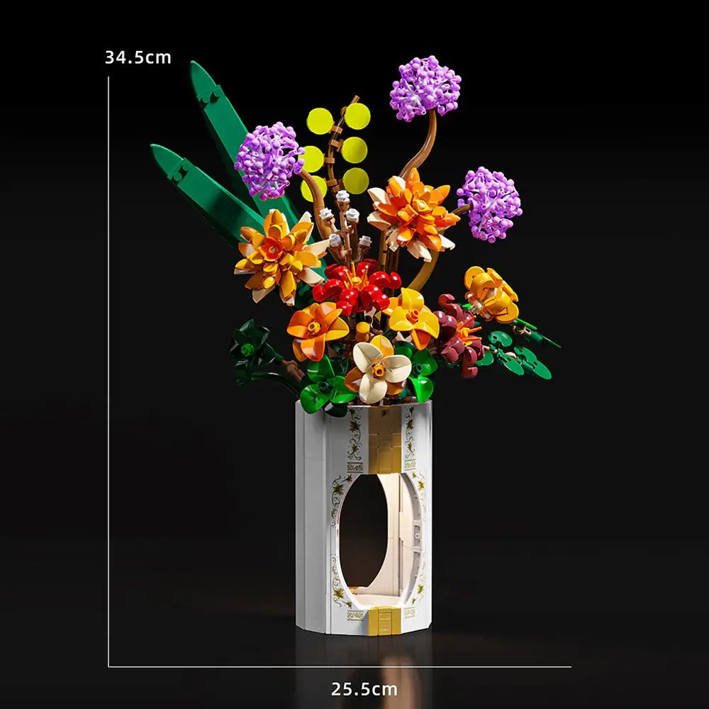 Half-Tilt Opulence Bouquet – MJI 13037 botanical building set – assembled bouquet with height/width dimension lines, black background