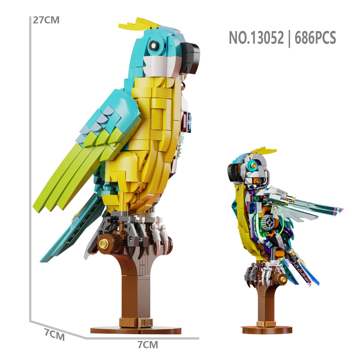 Mechanical Parrot – MJI 13052 motorised building set – two views (skin side and mechanical side) with dimension lines 27 x 7 cm, white background