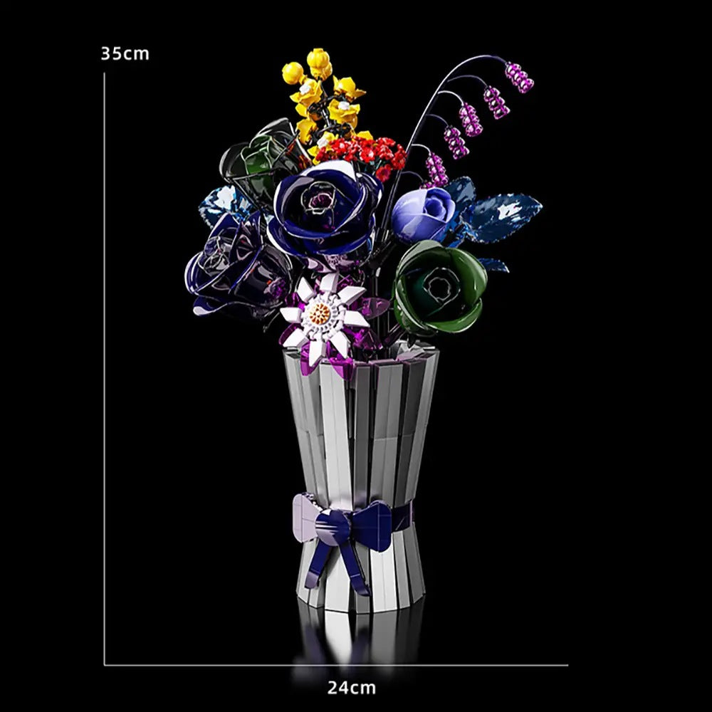 Fantasy Night Glaze Bouquet – MJI 13039 botanical building set – assembled bouquet with dimension lines (35 cm tall, 24 cm wide), black background
