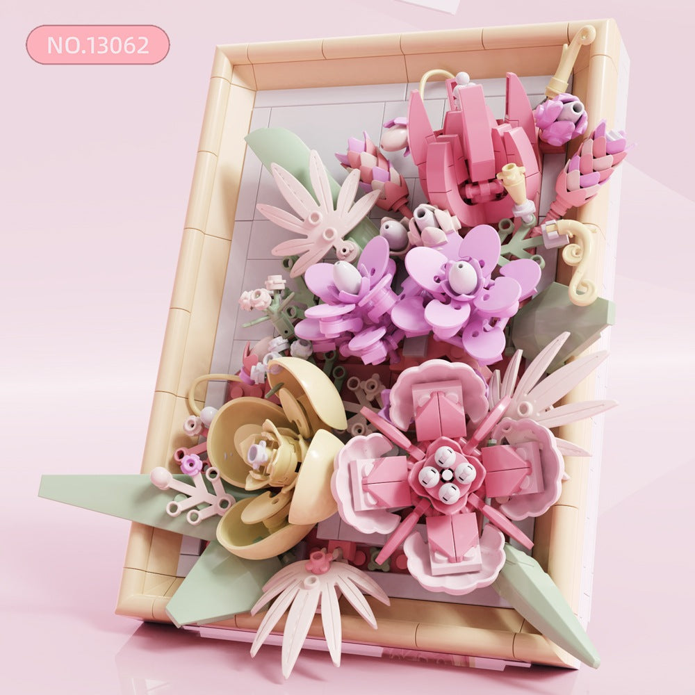 Sunset Crimson Flower Picture Frame – MJI 13062 botanical building set – assembled pink flower picture frame (Sunset Crimson), angled, pale pink backdrop