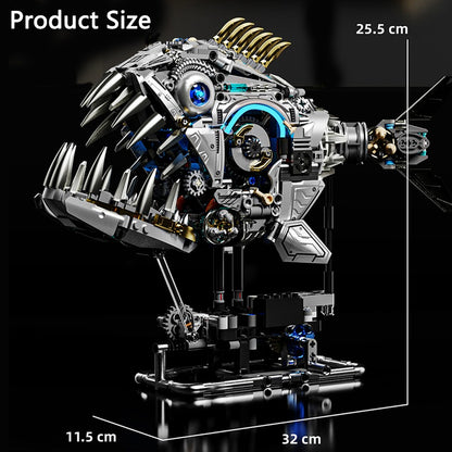 Mechanical Piranha – MJI 13092 motorised building set – piranha with dimension lines (25.5 x 32 x 11.5 cm), dark background