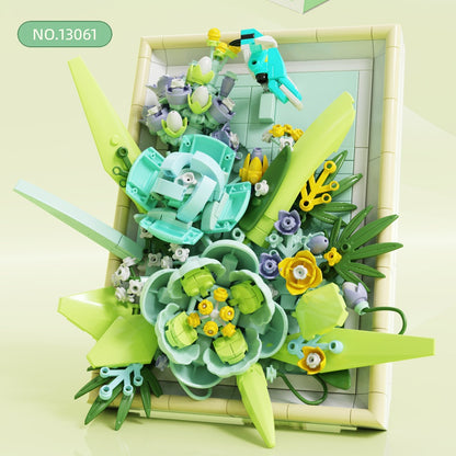Floating Emerald Flower Picture Frame – MJI 13061 botanical building set – green frame standing, angled, pale green backdrop