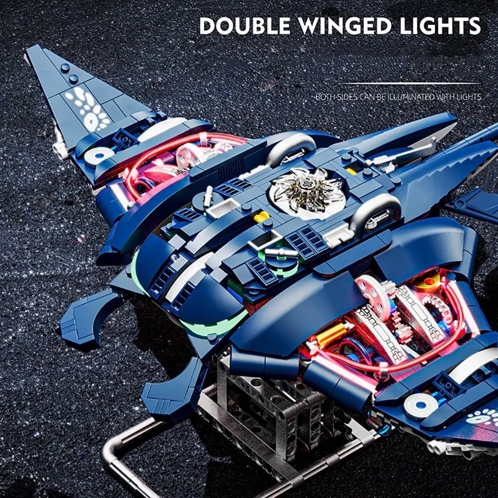 Mechanical Manta Ray – MJI 13057 motorised building set – close-up of the double winged lights and mechanical core