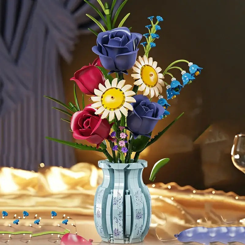 Blue & White Porcelain Bouquet – MJI 13067 botanical building set – bouquet (navy and red roses, daisies, blue sprays) in pale blue-and-white porcelain vase, gold drapery backdrop