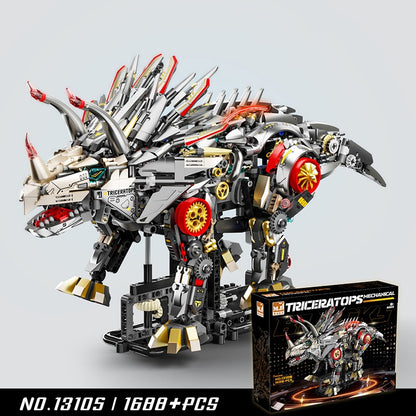 Mechanical Triceratops – MJI 13105 motorised building set – assembled grey and red triceratops with its retail box