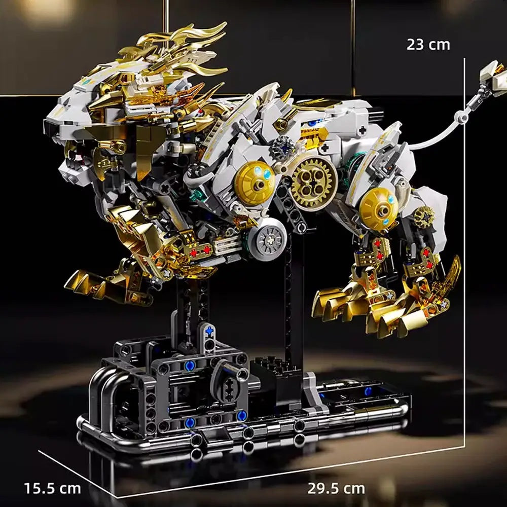 Mechanical Lion – MJI 13090 motorised building set – lion with dimension lines (23 x 29.5 x 15.5 cm), dark background