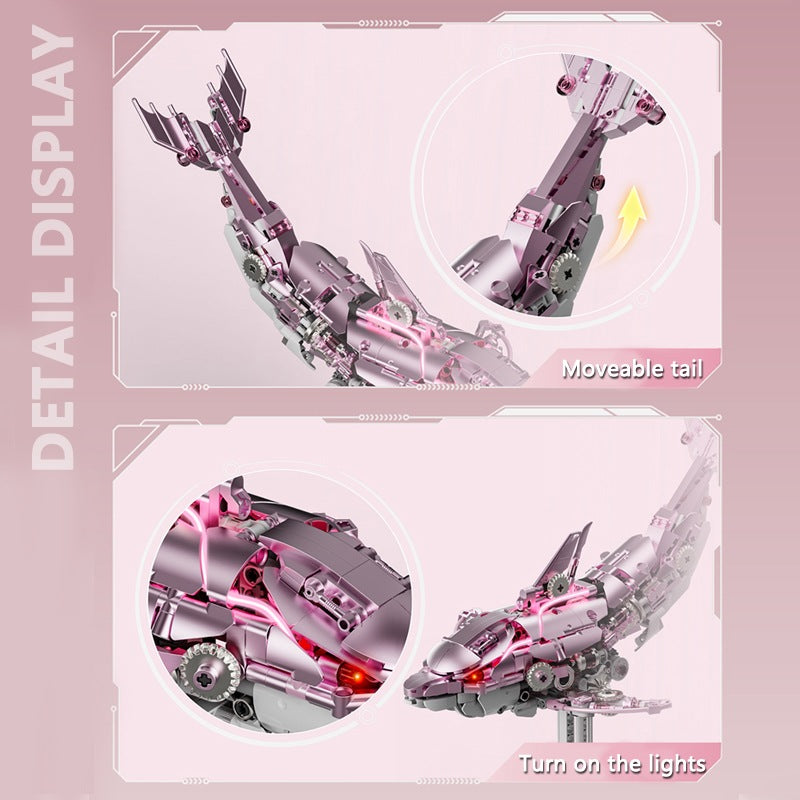 Mechanical Pink Dolphin – MJI 13098 motorised building set – detail close-ups of the movable tail and the lit eye