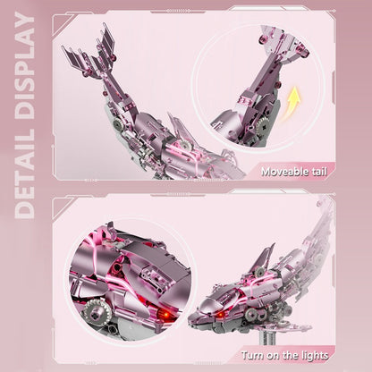 Mechanical Pink Dolphin – MJI 13098 motorised building set – detail close-ups of the movable tail and the lit eye