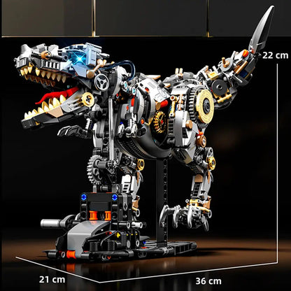 Mechanical Tyrannosaurus – MJI 13087 motorised building set – T-rex with dimension lines (22 x 36 x 21 cm), dark background