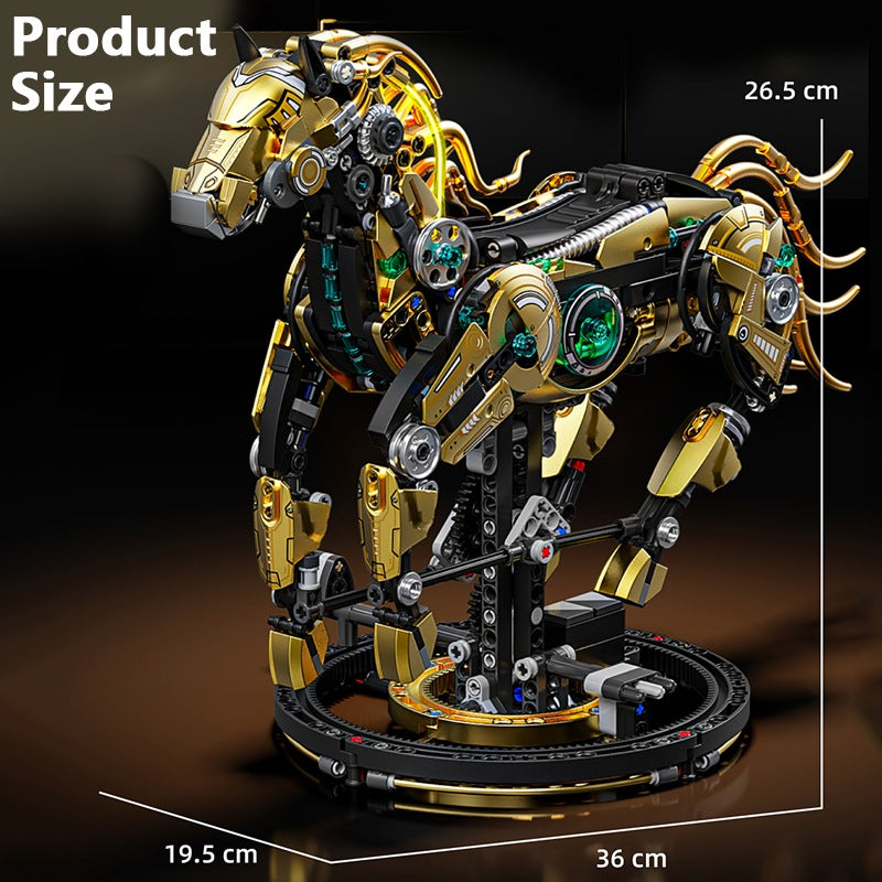 Mechanical Horse – MJI 13088 motorised building set – horse with dimension lines (26.5 x 36 x 19.5 cm), dark background