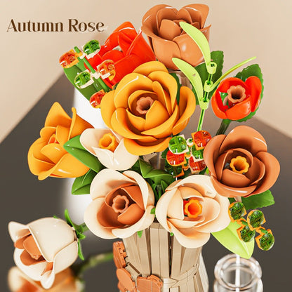 Gift-Bag Bouquet – MJI 13066 botanical building set – close-up of the orange, cream and brown roses and tulips in the tan vase