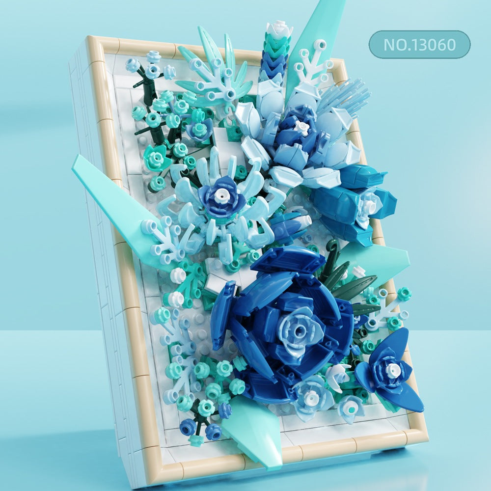 Vast Glaze Flower Picture Frame – MJI 13060 botanical building set – blue flower frame standing, angled, pale blue backdrop
