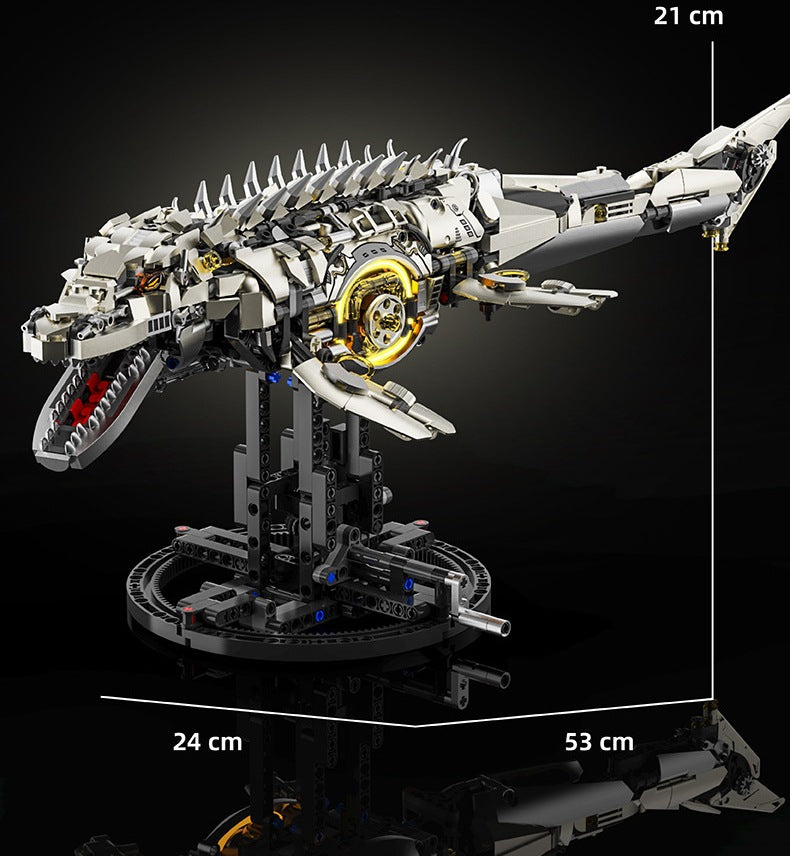 Mechanical Mosasaurus – MJI 13100 motorised building set – mosasaurus with dimension lines (21 x 53 x 24 cm), black background