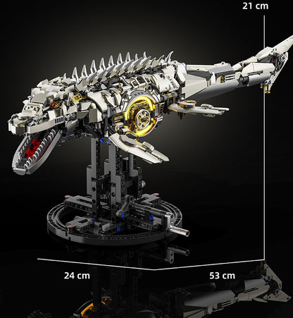 Mechanical Mosasaurus – MJI 13100 motorised building set – mosasaurus with dimension lines (21 x 53 x 24 cm), black background