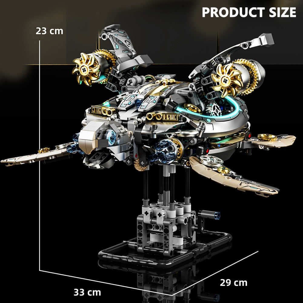 Mechanical Sea Turtle – MJI 13097 motorised building set – turtle with dimension lines (23 x 33 x 29 cm), black background