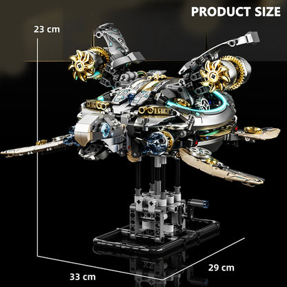 Mechanical Sea Turtle – MJI 13097 motorised building set – turtle with dimension lines (23 x 33 x 29 cm), black background