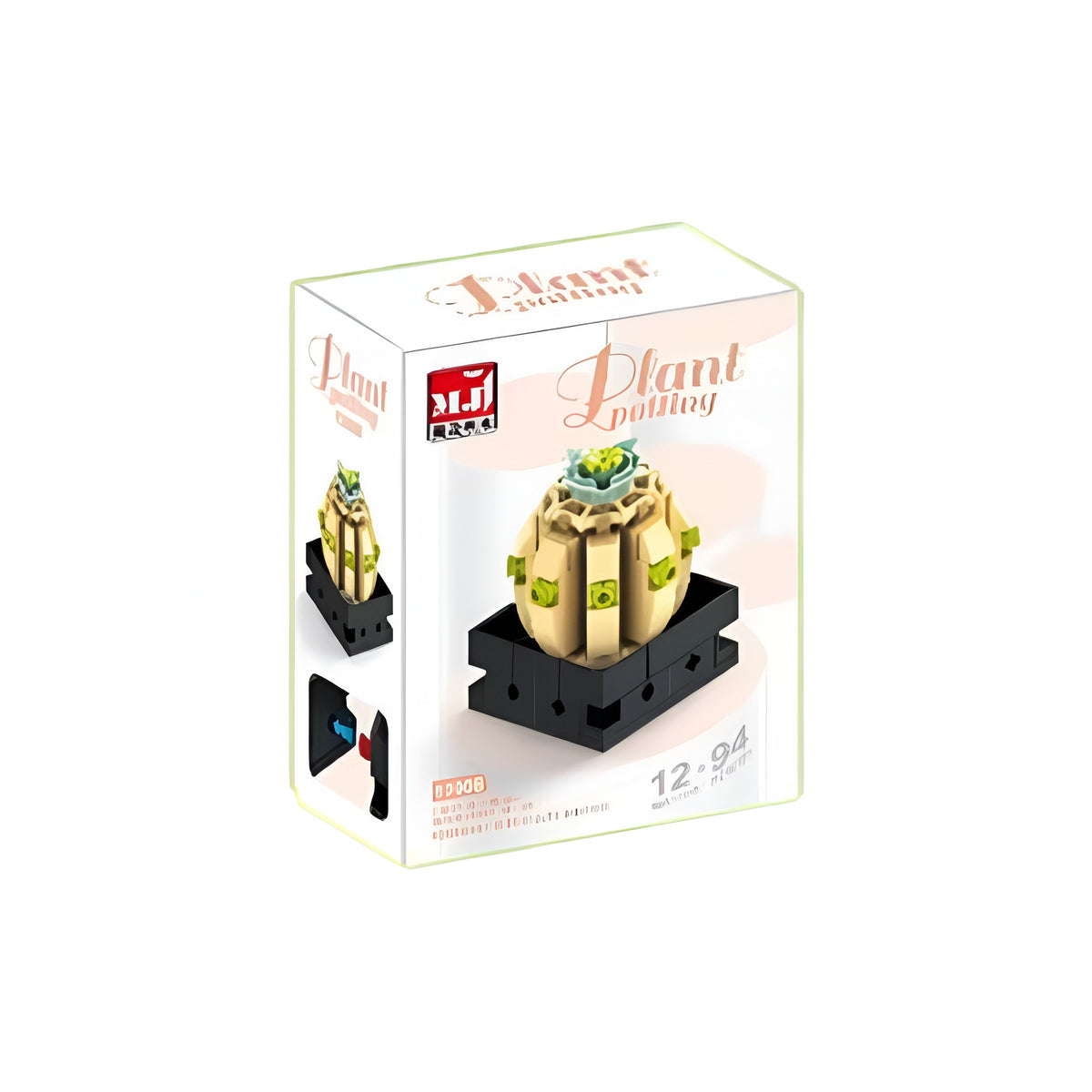 Succulents Assortment B – MJI 13008 botanical building set – retail box of one style with the assembled cactus beside it
