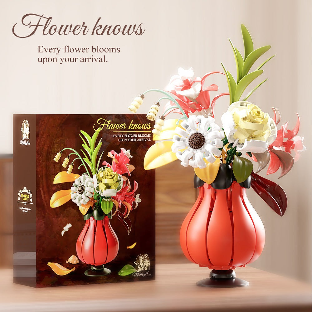 Flourishing Flowers Bouquet – MJI 13068 botanical building set – retail box beside the assembled bouquet