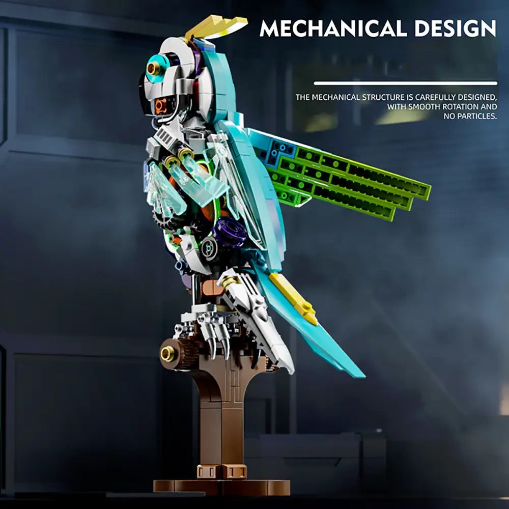Mechanical Parrot – MJI 13052 motorised building set – mechanical side of the parrot on its stand, dark backdrop