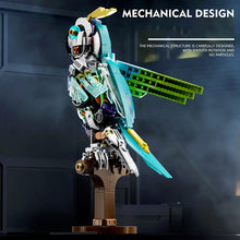 Mechanical Parrot – MJI 13052 motorised building set – mechanical side of the parrot on its stand, dark backdrop