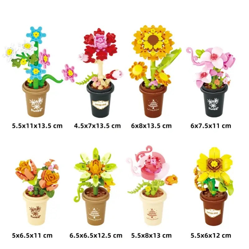 Mini Flower Pots – MJI 13033 botanical building set – 8 pots on a white background with individual dimensions (5x6.5 to 6.5x8x13.5 cm)