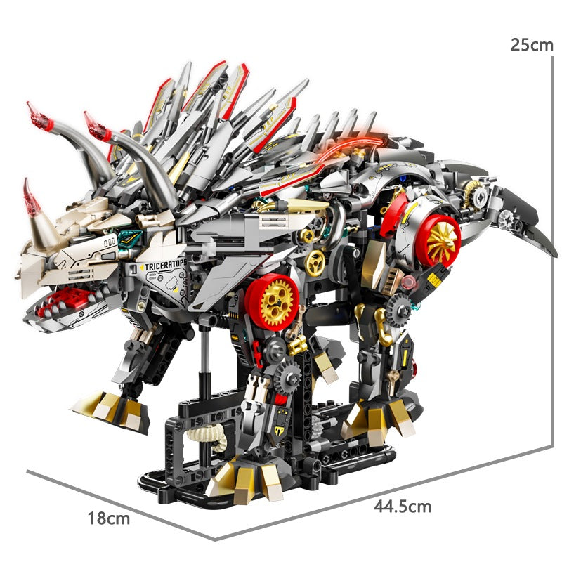 Mechanical Triceratops – MJI 13105 motorised building set – triceratops with dimension lines (25 x 44.5 x 18 cm), white background