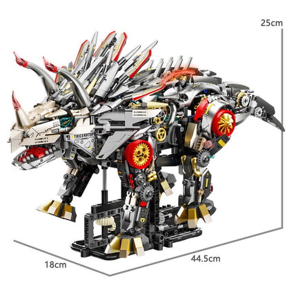 Mechanical Triceratops – MJI 13105 motorised building set – triceratops with dimension lines (25 x 44.5 x 18 cm), white background
