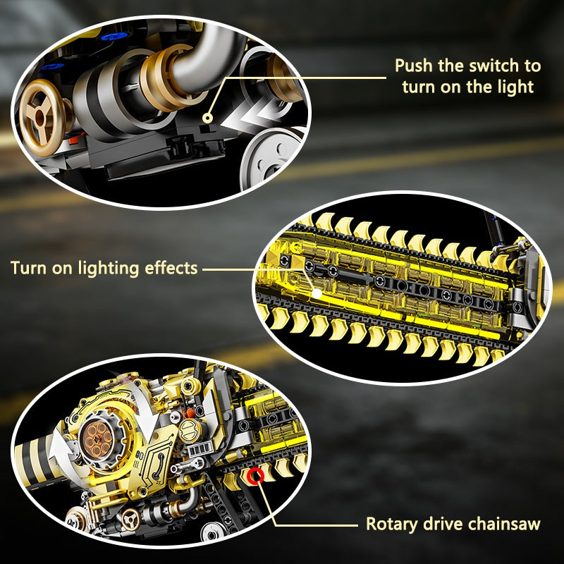 Mechanical Chainsaw – MJI 13108 motorised building set – features: light switch, lighting effects, rotary drive chain