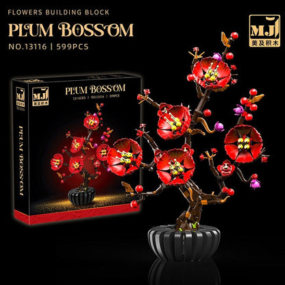 Plum Blossom Bonsai – MJI 13116 botanical building set – assembled model beside retail box