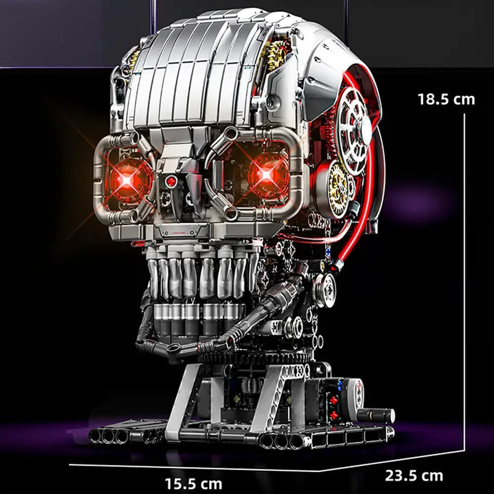 Mechanical Skull – MJI 13089 motorised building set – skull with dimension lines (18.5 x 23.5 x 15.5 cm), black background