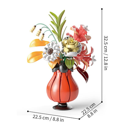 Flourishing Flowers Bouquet – MJI 13068 botanical building set – bouquet on a white background with dimension lines 32.5 x 22.5 x 22.5 cm