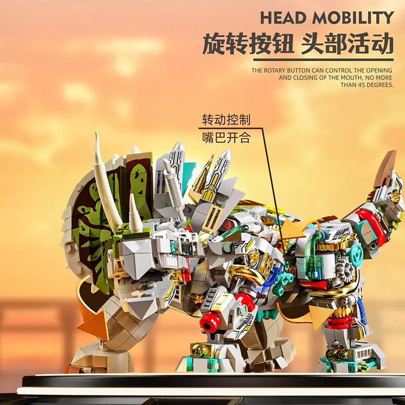 Semi-Mechanical Triceratops – MJI 13051 motorised building set – head mobility, rotating head and frill, orange backdrop