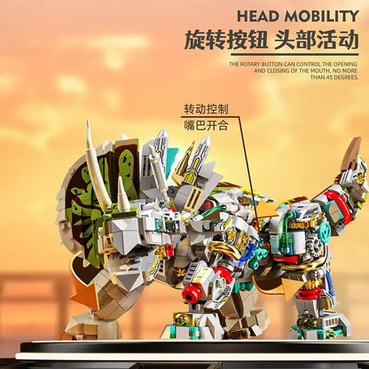 Semi-Mechanical Triceratops – MJI 13051 motorised building set – head mobility, rotating head and frill, orange backdrop
