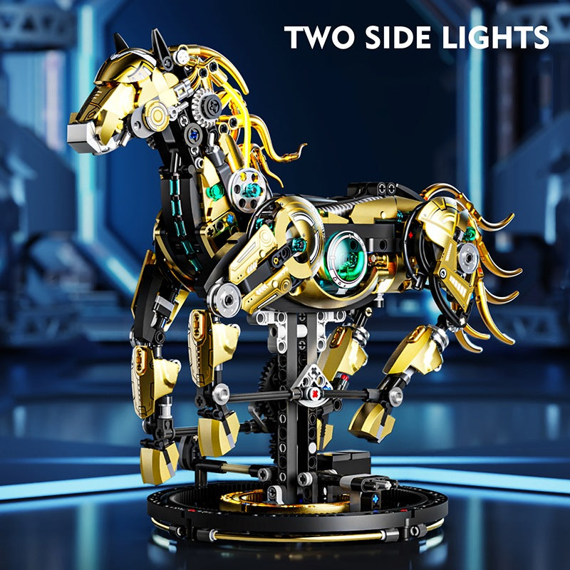 Mechanical Horse – MJI 13088 motorised building set – horse with the two side lights on, sci-fi backdrop