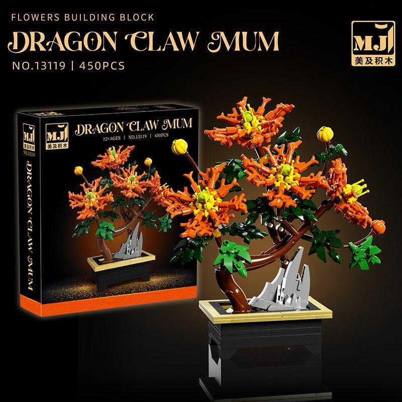 Dragon Claw Chrysanthemum – MJI 13119 botanical building set – assembled model beside retail box