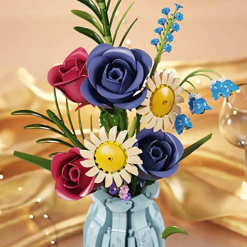 Blue & White Porcelain Bouquet – MJI 13067 botanical building set – close-up of roses and daisies above the porcelain vase