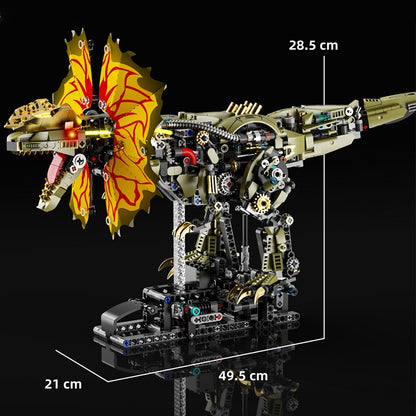 Mechanical Dilophosaurus – MJI 13101 motorised building set – dilophosaurus with dimension lines (28.5 x 49.5 x 21 cm), dark background