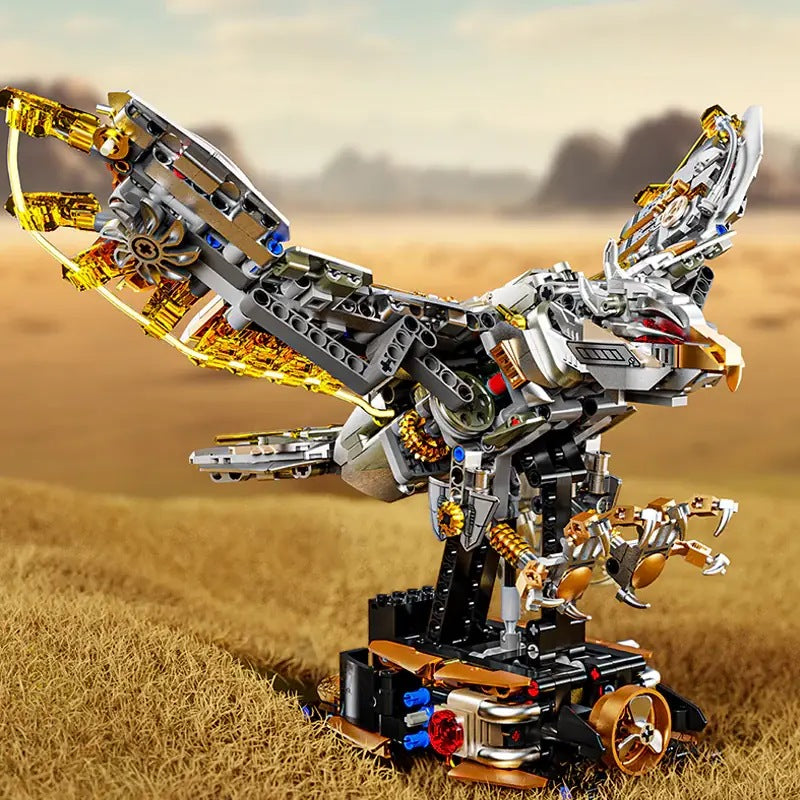 Mechanical Eagle – MJI 13084 motorised building set – assembled mechanical eagle on its base, savanna backdrop
