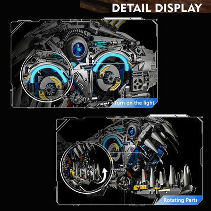 Mechanical Piranha – MJI 13092 motorised building set – close-up panels of the eye lights and the rotating parts