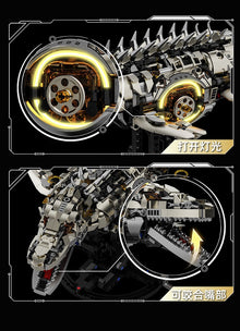 Mechanical Mosasaurus – MJI 13100 motorised building set – close-up panels of the light-up gear core and the opening jaw