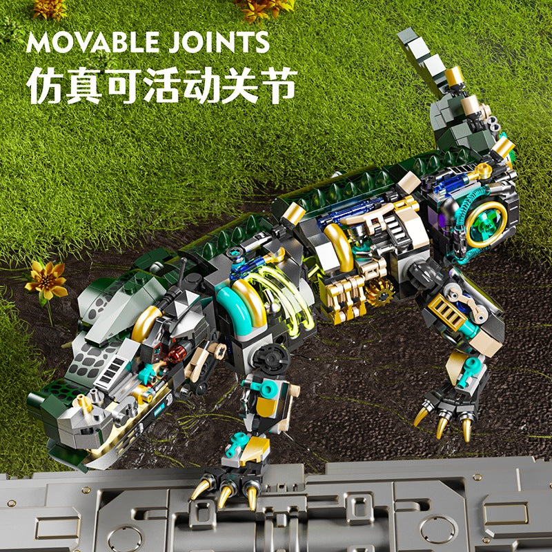 Mechanical Crocodile – MJI 13056 motorised building set – crocodile on grass showing the movable joints