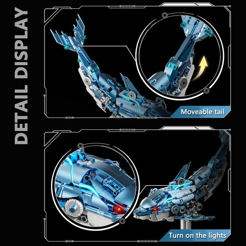 Mechanical Blue Dolphin – MJI 13099 motorised building set – detail close-ups of the movable tail and the lights