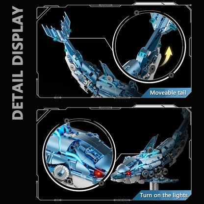Mechanical Blue Dolphin – MJI 13099 motorised building set – detail close-ups of the movable tail and the lights