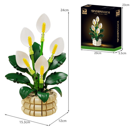 Peace Lily – MJI 13123 botanical building set – size diagram of the model (24 x 15.3 x 12 cm) and box (23 x 20 x 5.5 cm)